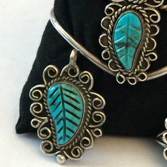 3PC VINTAGE NAVAJO TURQUOISE LEAF STERLING SILVER RING PENDANT CUFF BRACELET 34g - Picture 2 of 12